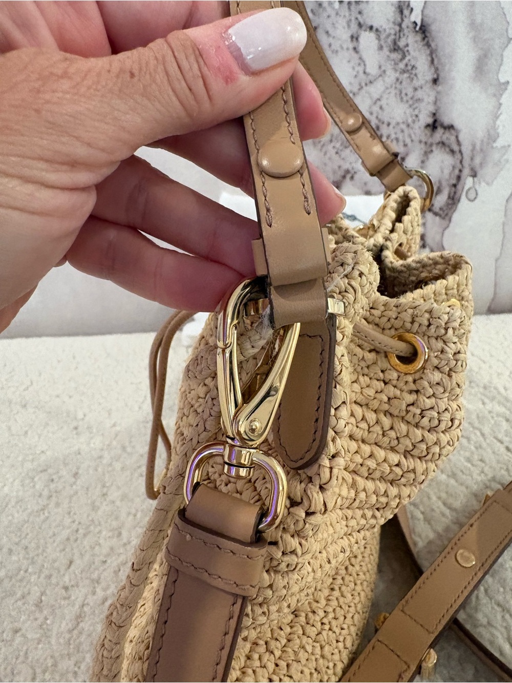 Prada Milano raffia and brown leather bucket tote with top handle and crossbody - Picture 4 of 9